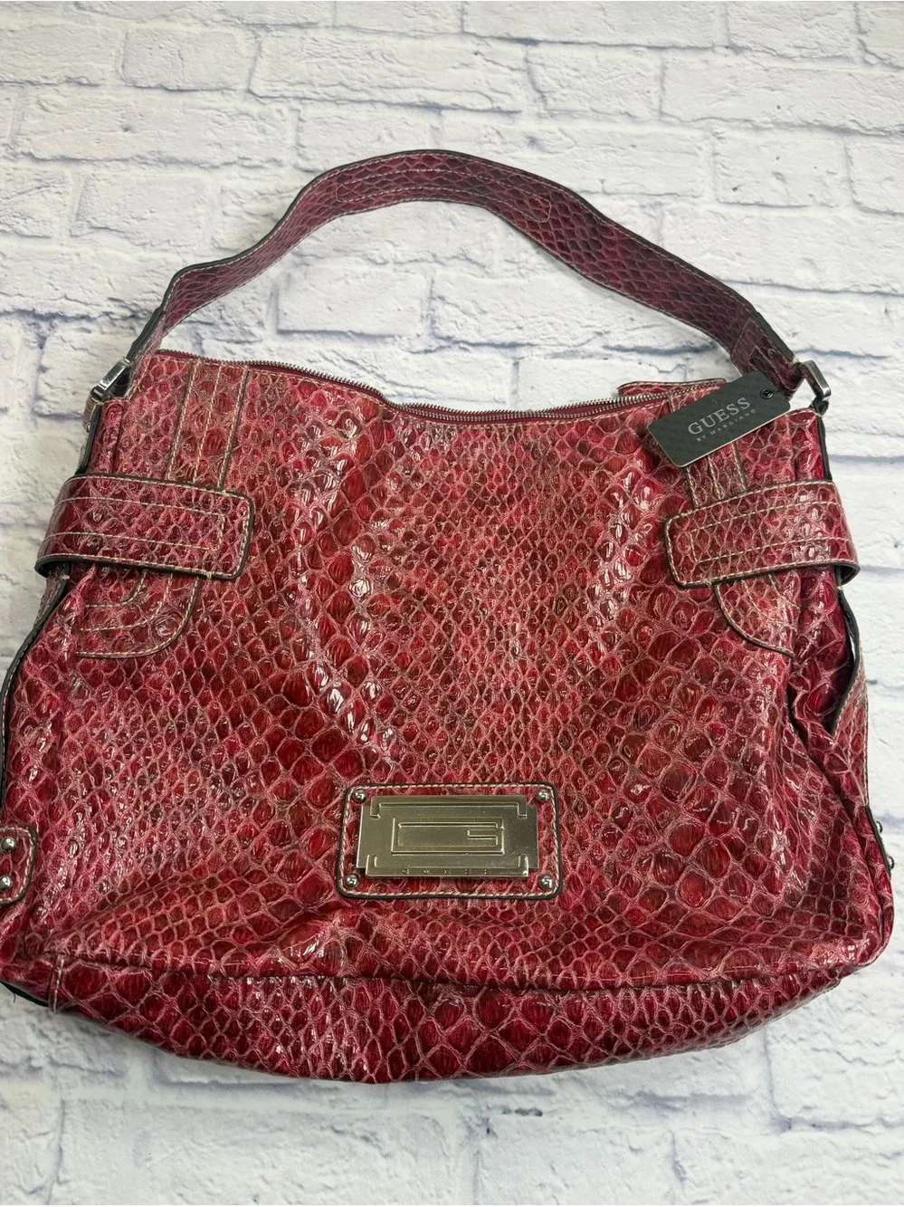 NWT GUESS Red Snake-Embossed Hobo Bag